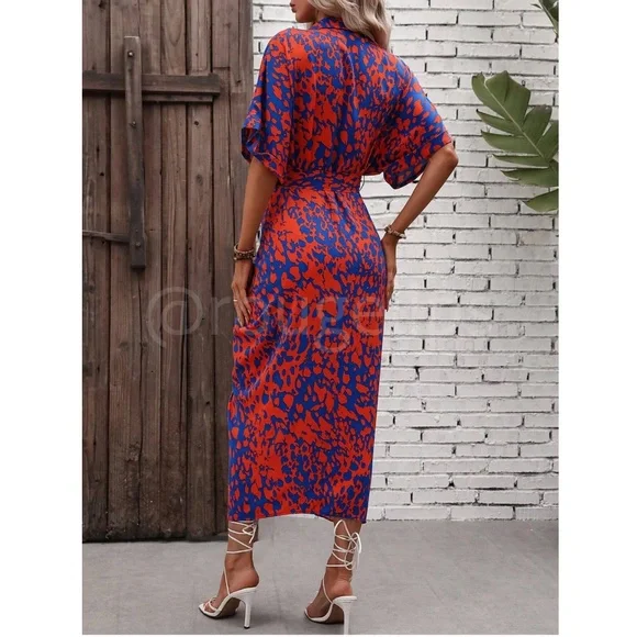 Spotted All Over Print Button Through Tie Belt Ruched Maxi Shirt Dress - Picture 4 of 11